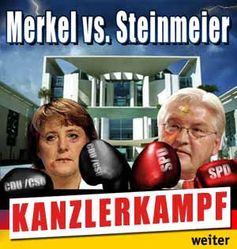 Online-Box-Spiel, Titel, Kanzlerkampf, Kanzler boxen, Angela Merkel und Frank-Walter Steinmeier als Boxer vor dem Kanzleramt in Berlin, Merkel und Steinmeier mit Boxhandschuhen.