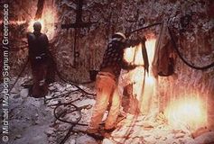 Arbeiter bei Abteufarbeiten auf der Schacht-Sohle im niedersaechsischen Zwischenlager Gorleben. Befunde unabhaengiger Wissenschaftler belegen, dass der Salzstock Kontakt mit Grundwasser hat. Damit stehen Wege fuer den Transport von radioaktiven Schadstoffen vom Salzstock bis in die obersten Grundwasserhorizonte offen. / Bild: greenpeace.de