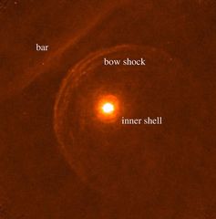 Beim Flug durch das All schiebt Beteigeuze eine Bugwelle aus Materie vor sich her - im Bild als "bow
Quelle: (c) ESA / Herschel / PACS / L. Decin et al. (idw)
