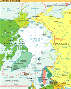 Politische Karte der Arktis, die Rote Linie ist die 10-°C-Juli-Isotherme