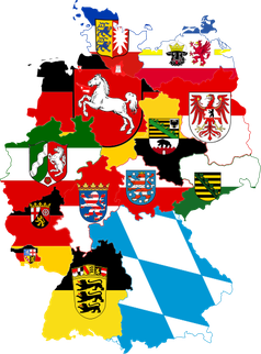 Deutschland mit seinen Bundesländern, dargestellt mit Landesfarben und Wappen