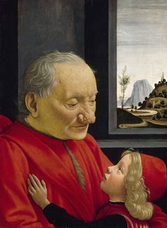 Rhinophym in der Kunstgeschichte.Gemälde von Domenico Ghirlandaio (1488). (Das Fehlen der typischen Hautrötung wird mit der Erstellung des Gemäldes erst nach dem Todeszeitpunkt erklärt.)