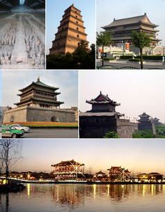 Stadt Xi’an (von oben links): Terrakotta-Armee, Große Wildganspagode, Trommelturm, Glockenturm, Stadtmauer und Freizeitpark „Tang Paradies“
