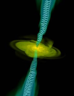 Computersimulation von Gas, das in Richtung eines zentralen Schwarzen Lochs einströmt. Nach oben und
Quelle: Bildrechte: Alexander Tchekhovskoy (LBNL) (idw)