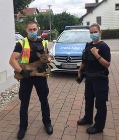 Originalbild - Bundespolizisten mit verletztem Rehkitz Bild: Polizei