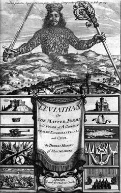 Frontispiz von Hobbes’ Leviathan. Zu sehen ist der Souverän, der über Land, Städte und deren Bewohner herrscht. Sein Körper besteht aus den Menschen, die in den Gesellschaftsvertrag eingewilligt haben. In seinen Händen hält er Schwert und Krummstab, die Zeichen für weltliche und geistliche Macht. Überschrieben ist die Abbildung durch ein Zitat aus dem Buch Hiob (41,25 EU): „Keine Macht auf Erden ist mit der seinen vergleichbar“.[1][2]