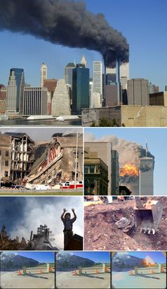 Von oben nach unten: Das brennende World Trade Center; ein Teil des Pentagons bricht zusammen; Flug 175 prallt in das 2 WTC; ein Feuerwehrmann fordert beim Ground Zero Hilfe an; ein Triebwerk von Flug 93 wird geborgen; Flug 77 schlägt in das Pentagon ein.