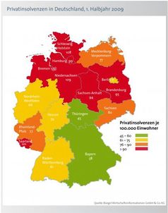 Privatinsolvenzen in Deutschland im 1. Halbjahr 2009 - Privatinsolvenzen pro Bundesland je 100.000 Einwohner. Grafik: obs/BÜRGEL Wirtschaftsinformationen GmbH & Co. KG