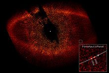 Hubble-Aufnahme von Staubscheibe und Exoplanet um den Stern Fomalhaut. Bild: de.wikipedia.org