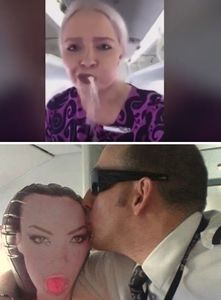 Spuckende Stewardess und Pilot mit Sexpuppe. Bild: twitter.com, youtube.com