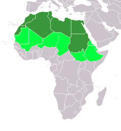 Karte Nordafrikas. Dunkelgrün: UN-Subregion. Hellgrün: Geographisch ebenfalls zu Nordafrika gehörende Staaten.