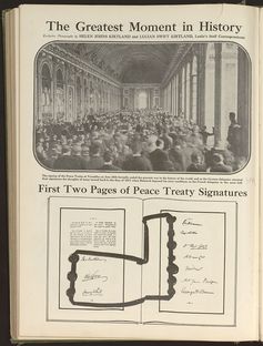 Die Unterzeichnungszeremonie in Versailles und die ersten zwei Seiten der Unterschriften und Siegel unter dem Vertrag