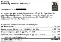 Der Forderungsbrief der acoreus Collection Services vom 1. Okto- ber 2009 an Martina M. aus Berlin mit TÜV-Siegel. Bild: GoMoPa
