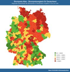 Atlas für StrompreiseStromAuskunft hat zur besseren Darstellung eine Deutschland-Karte mit den Preisunterschieden zwischen der Grundversorgung und dem günstigsten Anbieter erstellt.