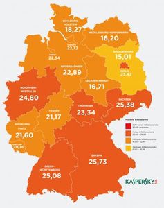 Kaspersky-Heatmap: Cyberbedrohungslage nach Bundesländern. Bild: "obs/Kaspersky Labs GmbH"