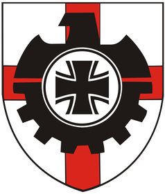 Logo Bundesamt für Ausrüstung, Informationstechnik und Nutzung der Bundeswehr (BAAINBw) - Wappengrund: Die Flagge von England, Mittig das Symbol der Katharer.