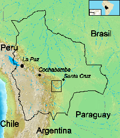 Das Gebiet, in welchem die ELN 1966–1967 operierte, auf der Karte Boliviens