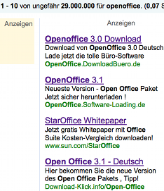 Rechte Seite der auf Google oben angezeigten Angebote für Openoffice. Bild: GoMoPa