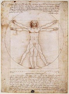 "Proportionsschema der menschlichen Gestalt nach Vitruv" von Leonardo da Vinci.