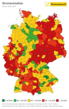 Atlas für Strompreise in Deutschland. Der Atlas zeigt die monatlichen Strompreise des günstigsten Stromtarifes des lokalen Stromanbieters für 1437 Orte in Deutschland. Grundlage für die Berechnung sind die monatlichen Strompreise des lokalen Versorgers bei einem Jahresverbrauch von 3500 kWh. Quelle: www.stromauskunft.de