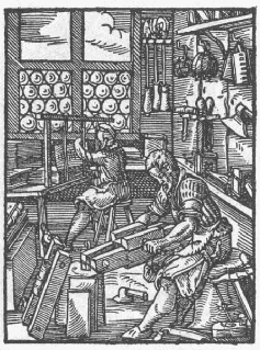 Die Arbeit in der Buchbinderwerkstatt (Holzschnitt, 1568)