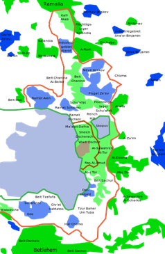 Karte Ostjerusalems; die blauen Punkte stellen israelische Siedlungen auf Palästinensergebiet dar