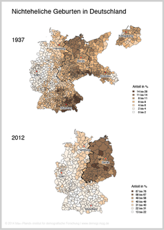 Alte Ungleichheit: Der Anteil nichtehelicher Geburten war schon 1937 in den Gebieten östlich der späteren deutsch-deutschen Grenze mit durchschnittlich 10,2 Prozent deutlich höher als westlich davon (6,3 Prozent, mit Bayern als historischer Ausnahme – siehe Text). Heute (2012) ist der Prozentsatz im Osten (58,8) über doppelt so hoch wie im Westen (28,4) und reicht von 16,7 Prozent im baden-württembergischen Alb-Donau-Kreis bis zu 70,9 Prozent in Ostprignitz-Ruppin in Brandenburg.