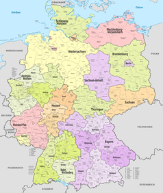 Politische Gliederung Deutschlands in Länder mit Regierungsbezirken, (Land-)Kreisen und kreisfreien Städten