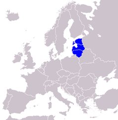 Lage des Baltikums in Europa. (Von Nord nach Süd:  Estland,  Lettland,  Litauen).