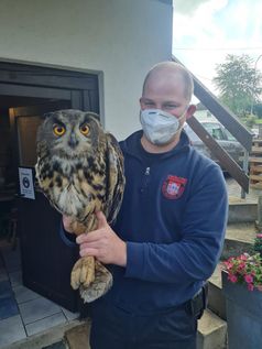 Fabian Herde mit gerettetem Uhu Bild: Feuerwehr