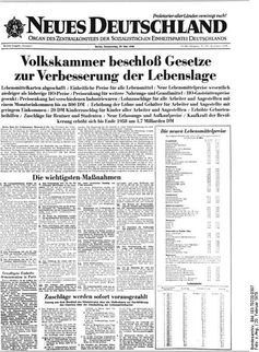 Titelseite der Ausgabe vom 29. Mai 1958 zur beschlossenen Lohnerhöhung und Abschaffung von Lebensmittelkarten[5]