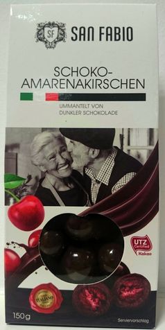 Die Firma Nawarra Süßwaren GmbH, D-48329 Havixbeck ruft aus Gründen des vorbeugenden Verbraucherschutzes vorsorglich das Produkt «San Fabio Amarenakirschen in dunkler Schokolade, 150g» (EAN-Code: 28278320) zurück. Bild: "obs/Nawarra Süßwaren GmbH"