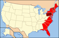 Die East Coast Staaten (dunkel sind die Staaten hervorgehoben, die mit dem Atlantik nur über einen Fluss verbunden sind)