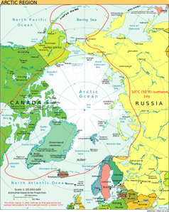 Politische Karte der Arktis (englisch), die Rote Linie ist die 10-°C-Juli-Isotherme