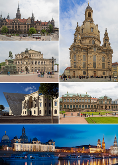 Collage von Dresden: Frauenkirche, Residenzschloss, Semperoper, Militärhistorisches Museum, Zwinger, Nachtpanorama