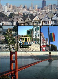 Von oben aus, links nach rechts: Die Painted Ladies und im Hintergrund der Financial District, die Lombard Street, ein Cable Car, der Castro District, die Golden Gate Bridge