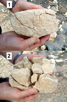 Ein durch physikalische Verwitterung mürbe gewordener Stein: 1 wie vorgefunden, 2 nach leichtem Drücken