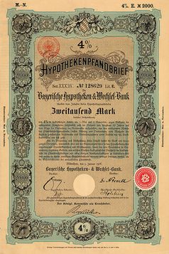 Pfandbrief über 2000 Mark der Bayerischen Hypotheken- und Wechsel-Bank vom 1. Januar 1901 (Symbolbild)