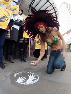 Eine Frau in einem brasilianischen Karnevalskostüm überbrachte die klare Botschaft an Brasilien, 'die Awá zu retten'. Bild: © Survival