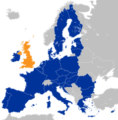 Vereinigtes Königreich (orange) und die übrigen Staaten der Europäischen Union (blau), vor dem geplanten Austritt im März 2019