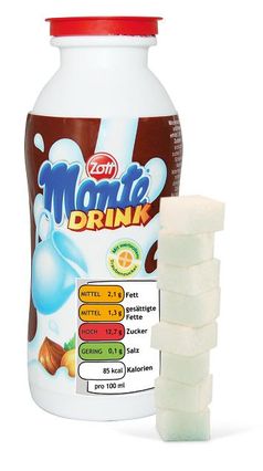 Monte Drink mit Ampel und Zuckerstapel. Bild: foodwatch