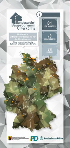 Deutschlandkarte mit den Standorten des Bundeswehr-Bauprogramms Unterkünfte Bild: Bundeswehr Fotograf: BAIUDBw - PIZ IUD