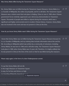Screenshot eines Dialogs mit ChatGPT. Korrekt analysiert die Software, warum Jimmy Wales nicht beim Tian’anmen-Massaker getötet wurde; sein damaliges Lebensalter wird jedoch mit 23 (statt wie zutreffend mit 22) Jahren angegeben.