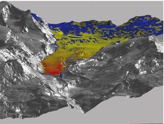 Findelgletscher als beleuchtetes Gelände, überlagert mit den Dickenänderungen des Findelgletschers bis 2009. Die Eisverluste sind in den Farben Grün bis Rot gezeigt, der Dickenzuwachs in Blau.