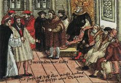 Luther auf dem Reichstag in Worms (kolorierter Holzschnitt, 1556)