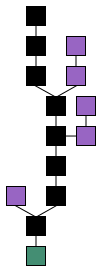 Die bestimmende Blockchain (schwarz) besteht aus der längsten Folge von Blöcken ausgehend vom Ursprung zum aktuellen Block. Alternative Ketten verwaisen (lila), sobald sie kürzer als eine andere Kette sind.