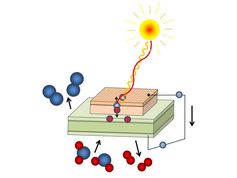 Photochemische Zelle: Licht erzeugt freie Ladungsträger, Sauerstoff (blau) wird durch die Membran ge
Quelle: TU Wien (idw)