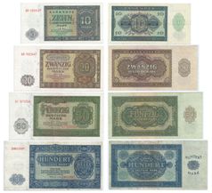 10, 20, 50 und 100 Deutsche Mark aus der ersten regulären Serie von 1948