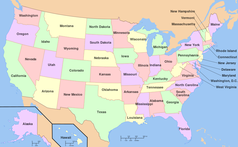 Die Vereinigten Staaten bestehen aus 50 Bundesstaaten, wobei Alaska und Hawaii außerhalb des Kernlandes (CONUS, Continental U.S.) liegen, wie auch Puerto Rico und Guam, die politisch angeschlossenen Außengebiete der Vereinigten Staaten.