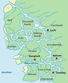 Mutmaßliche Küstenlandschaft Nordfrieslands bzw. der Uthlande vor der Sturmflut 1362 mit Rungholt und der Landschaft Strand